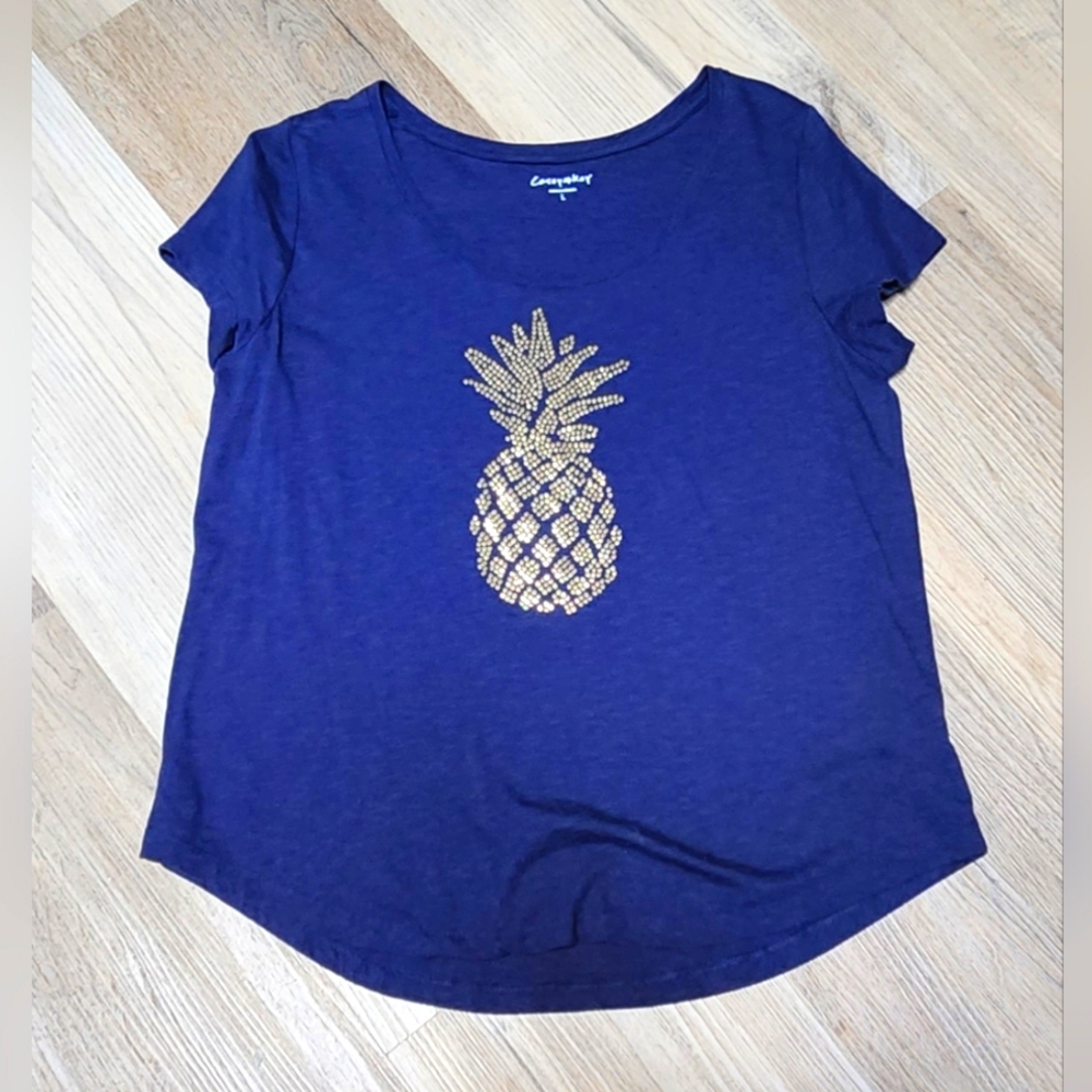Casey Key Beautiful Pineapple Navy V-Neck Tee sz L BIN J